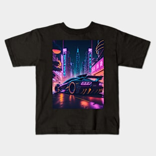 Dark Neon City Sports Car Kids T-Shirt